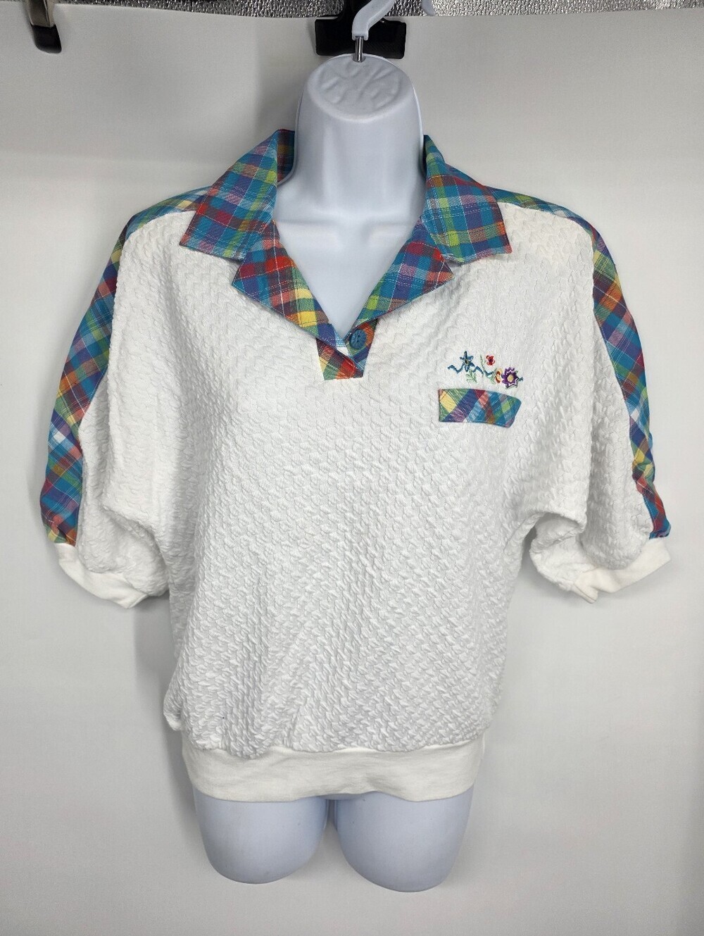 Koret Vintage Grandmacore Plaid Seersucker Polo Top Small White Embroidered
